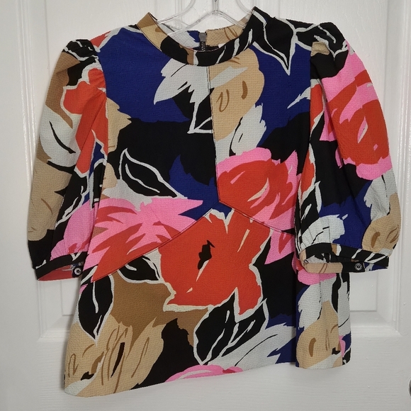 Ted Baker Tops - NWT Ted Baker Harpia Vibrant Floral Puffy Sleeve Black Pink Blue Blouse | Size 4